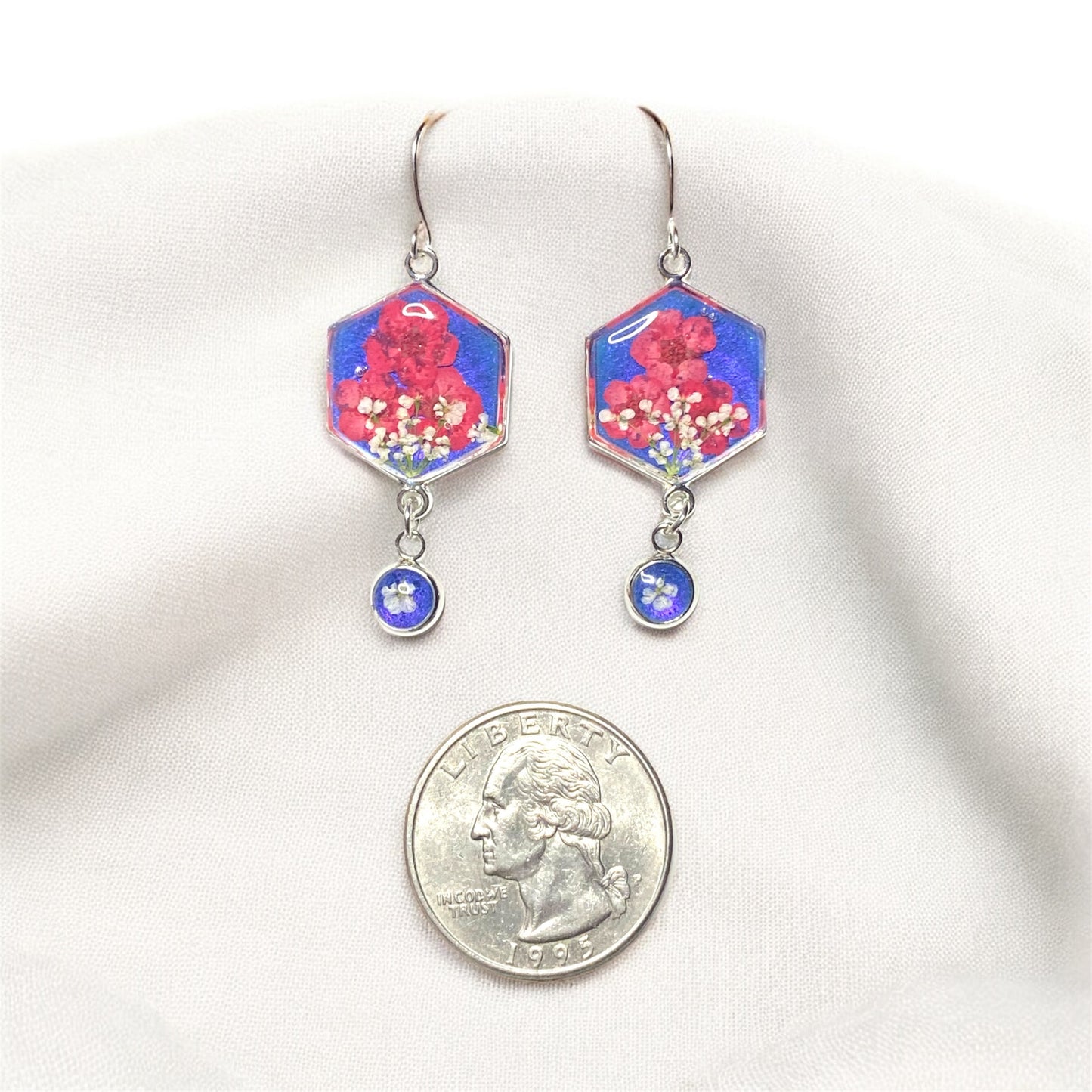 Blue Colored Mica Powder (Single) Dangle Earrings with Red Plum Blossoms and Queen Anne’s Lace