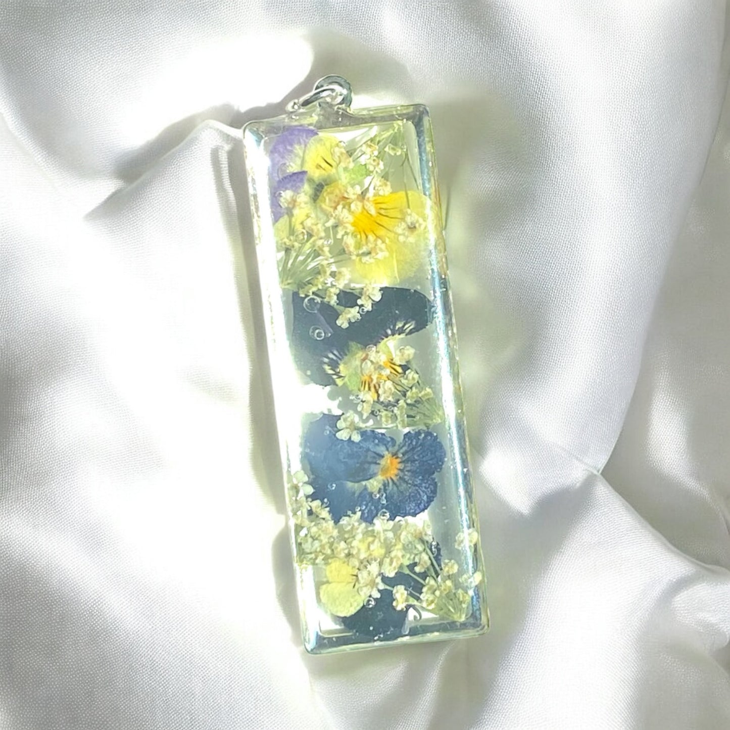 Yellow, Blue and Purple Pansy Necklace with Queen Anne’s Lace