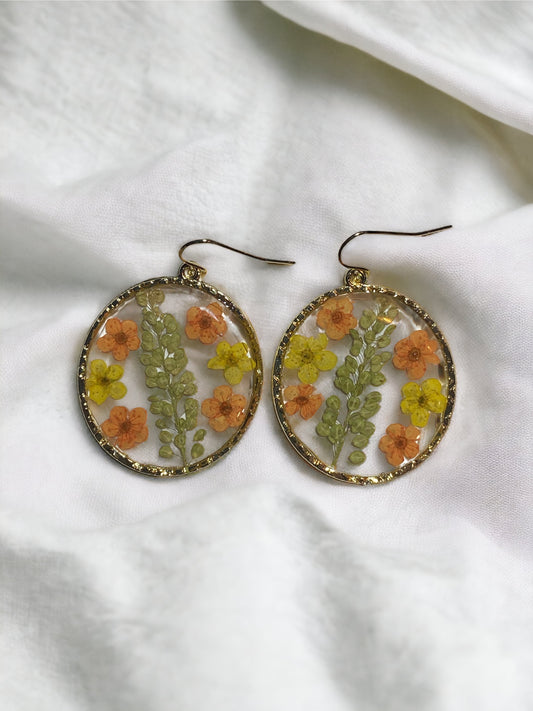 Orange and Yellow Plum Blossom Flowers with Persian Garden Cress Earrings