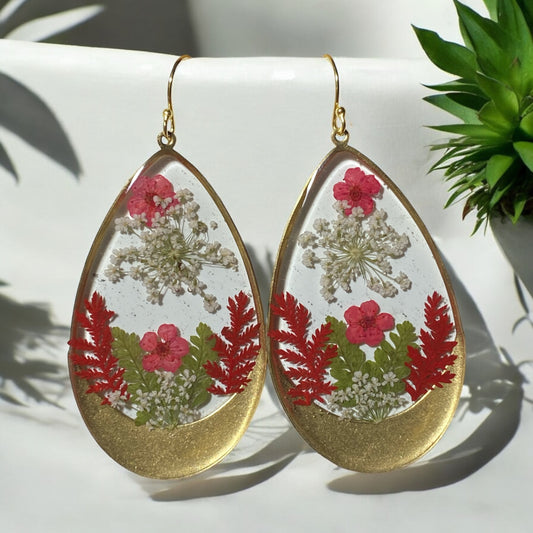 Red Plum Blossoms with Red and Green Dry Pressed Fern and Queen Anne’s Lace