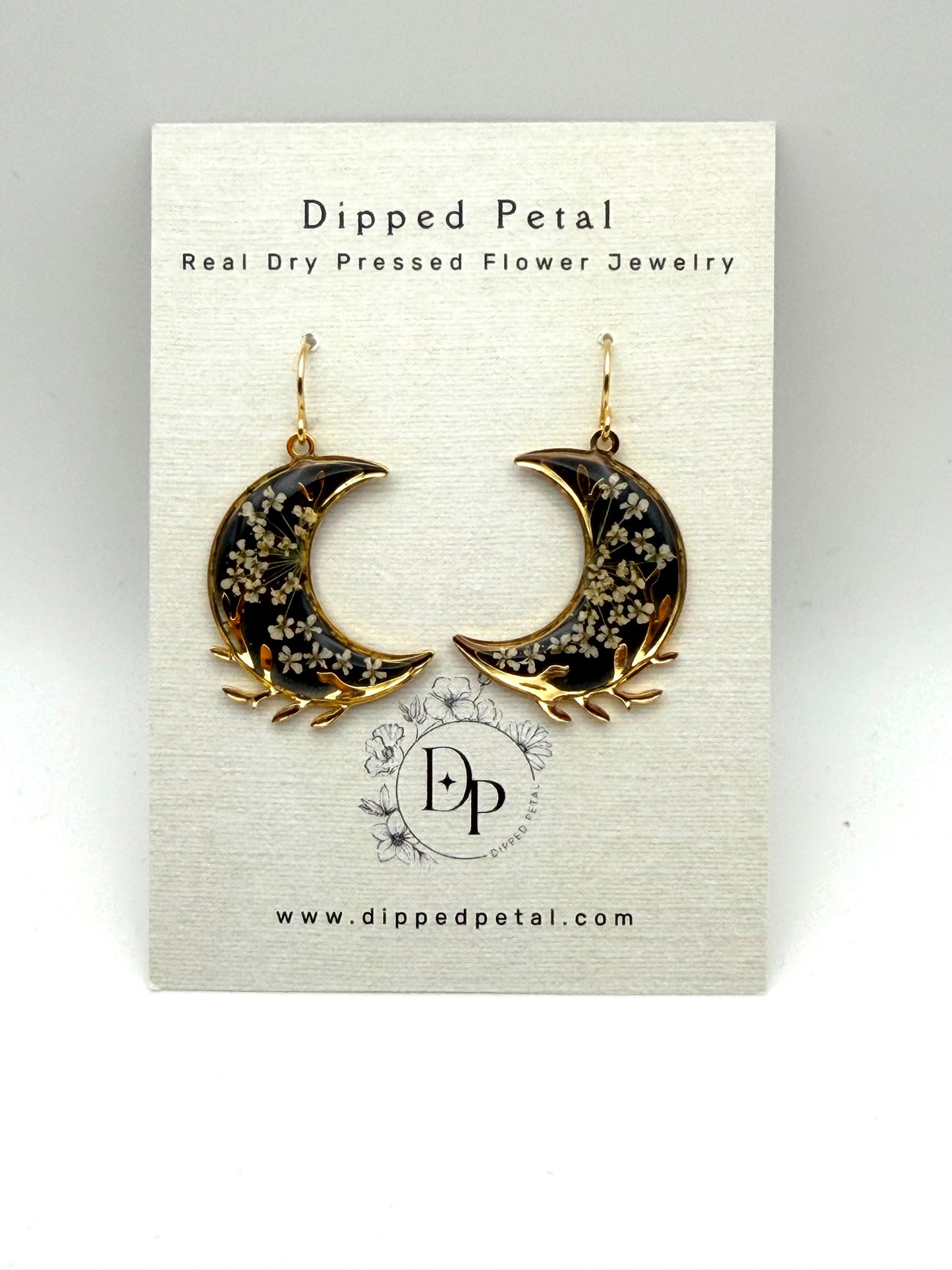 Gold Plated Crescent Moons filled with Black Mica Powder and Queen Anne’s Lace
