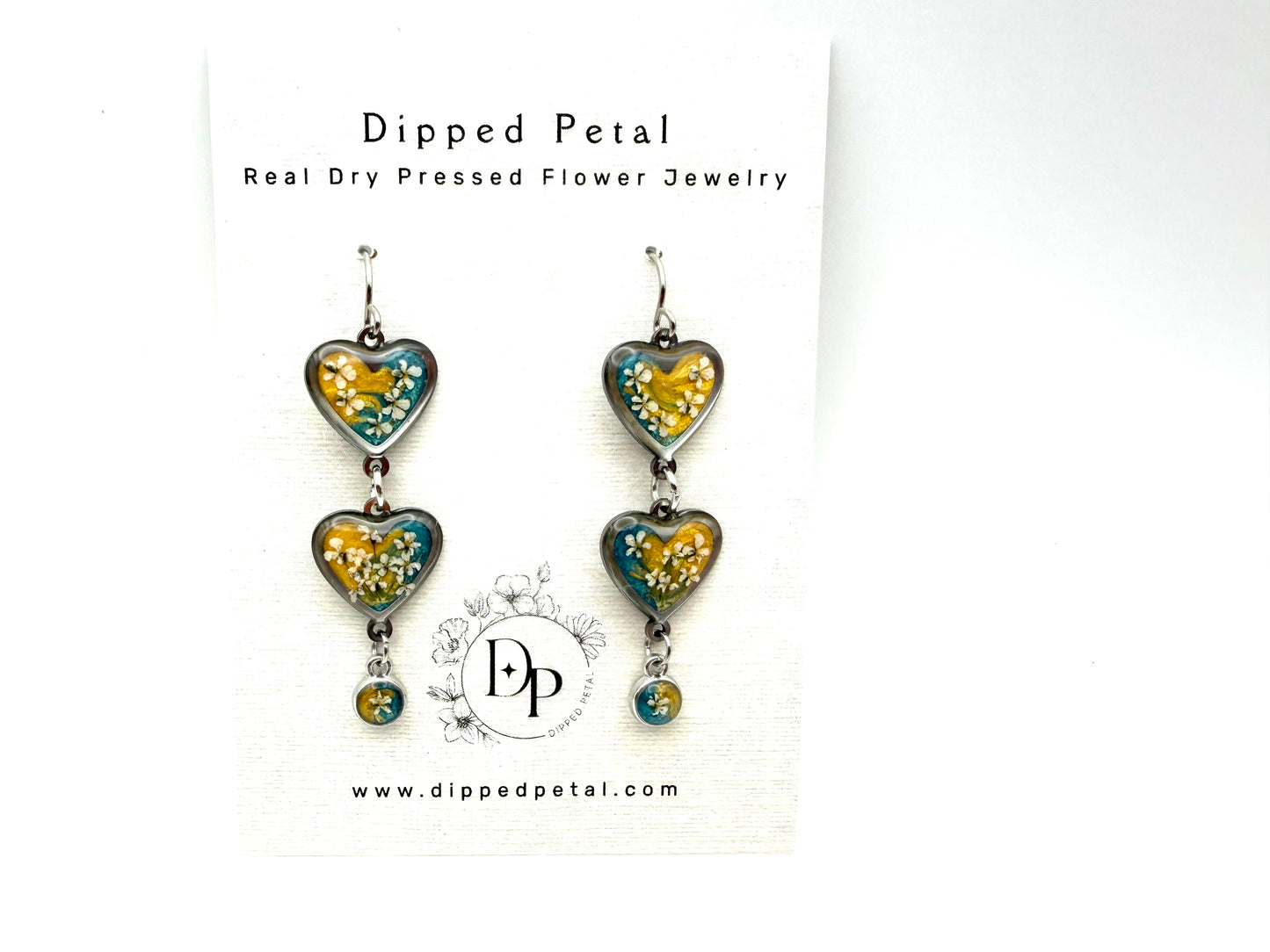 Heart Shaped Stainless Steel Dangle Earrings - Gold and Teal
