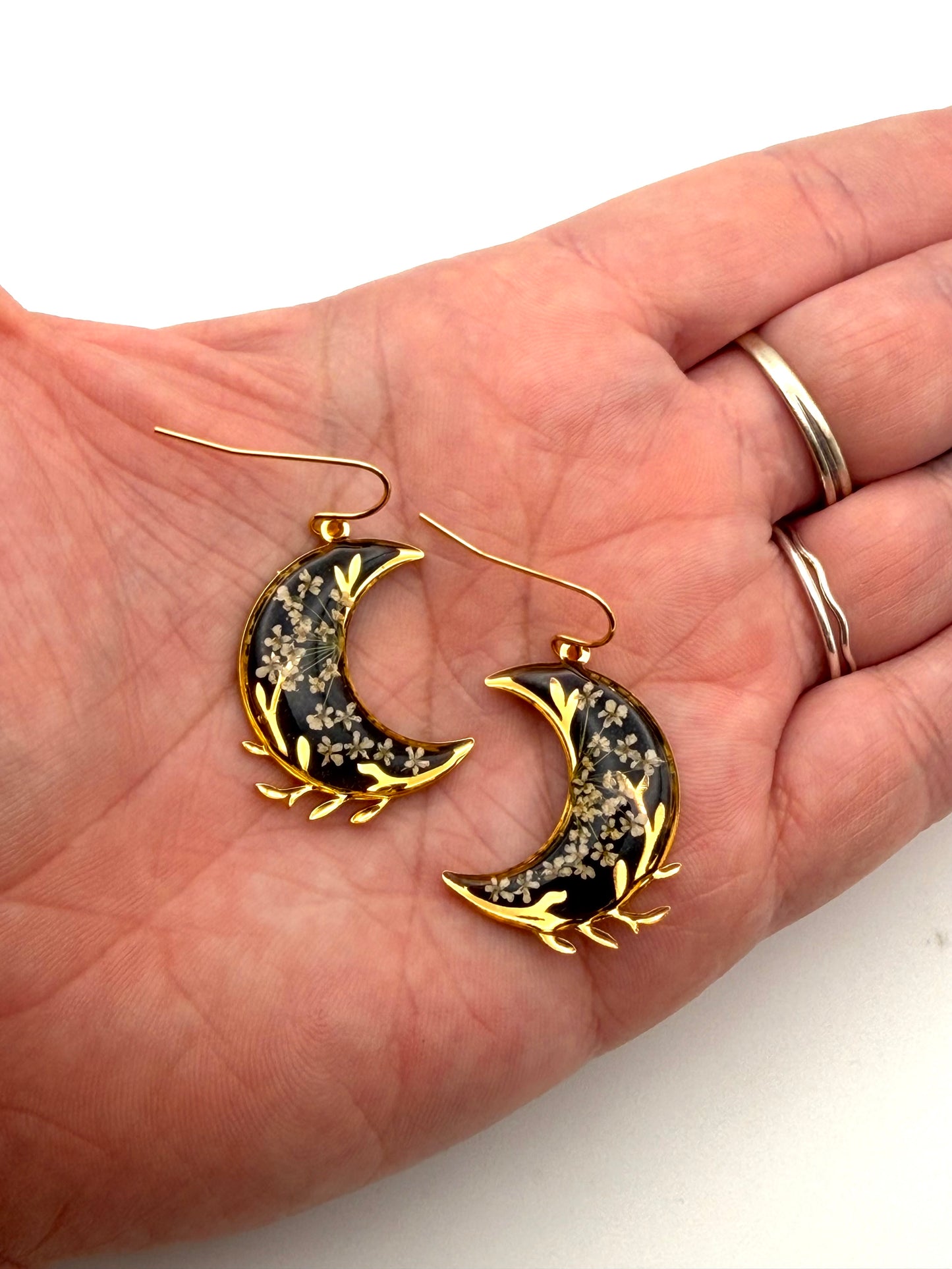 Gold Plated Crescent Moons filled with Black Mica Powder and Queen Anne’s Lace