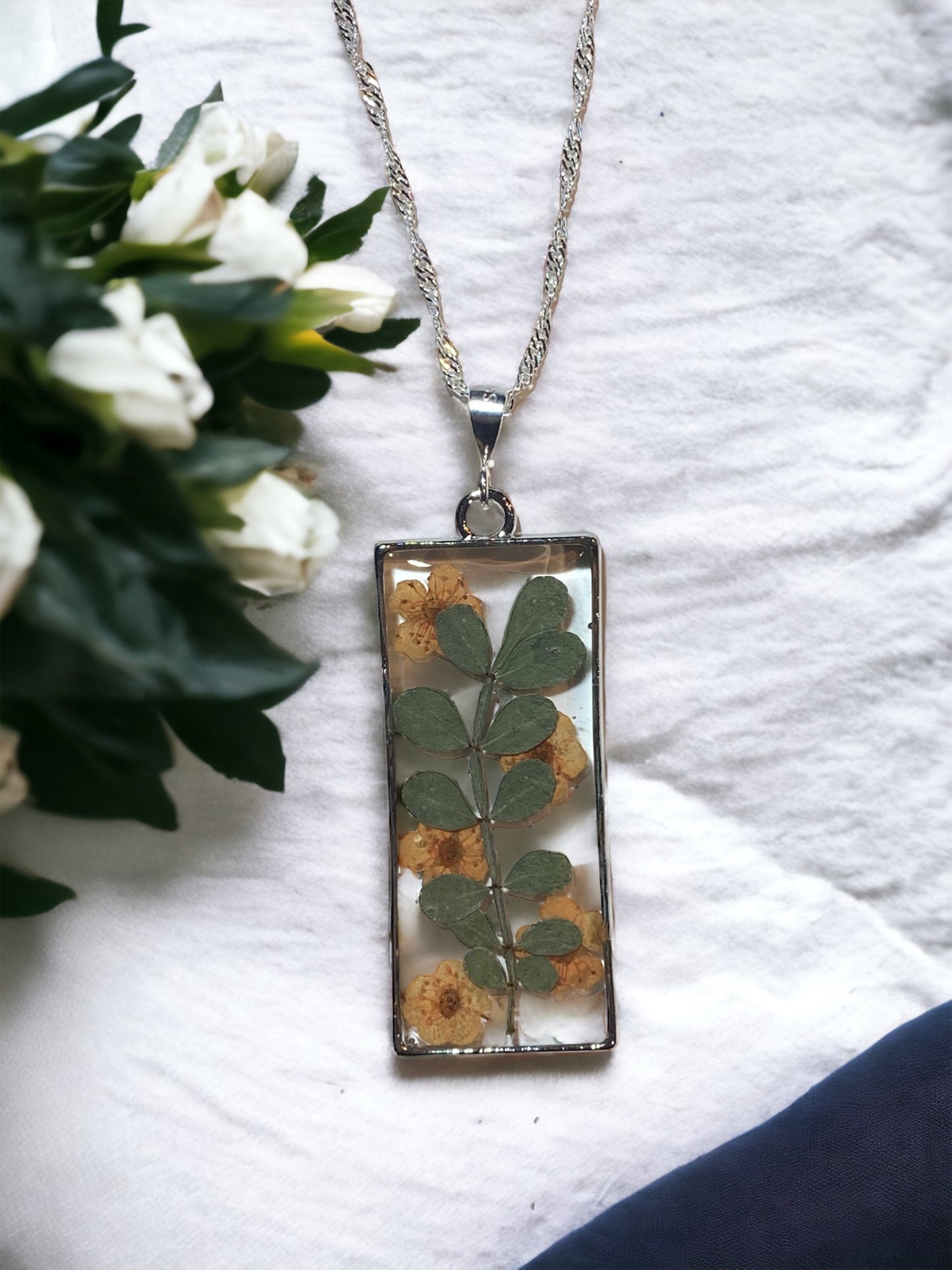 Orange Plum Blossoms with Dry pressed Leaves Necklace