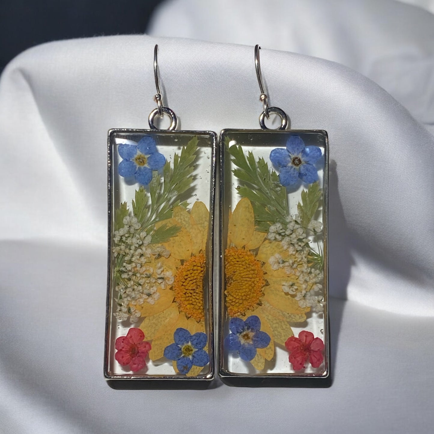 Orange Daisy, Dry Pressed Fern, Blue Forget-Me-Not Flowers with Queen Anne’s Lace and Plum Blossoms