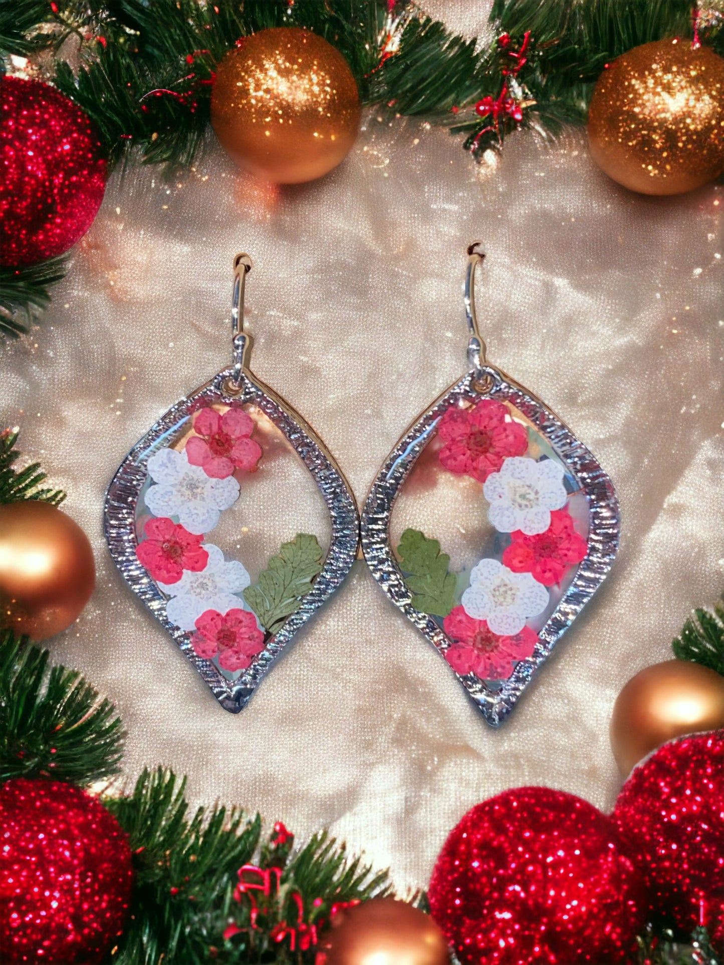 Red and White Plum Blossom Flowers with Dried Fern Earrings