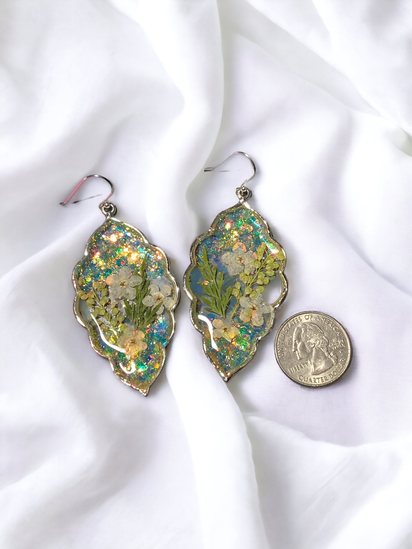 Opal Glitter with Dry Pressed Persian Garden Cress, White Forget-Me-Not’s and Dry Pressed Leaves with 925 Sterling Silver Hooks