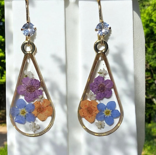 Orange and Purple Plum Blossoms with Blue Forget-Me-Nots and pieces of Queen Anne’s Lace