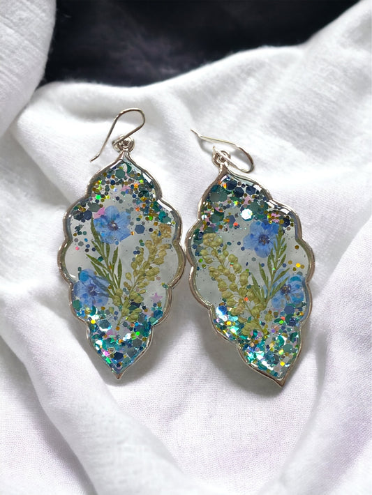Blue Glitter with Dry Pressed Persian Garden Cress, Blue Forget-Me-Not’s, and Dry Pressed Leaves with 925 Sterling Silver Hooks