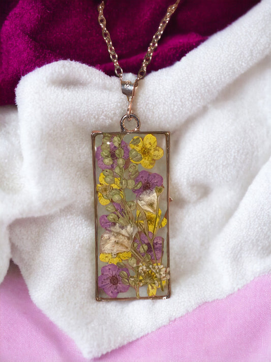 Yellow and Purple Plum Blossoms with Dry pressed Persian Garden Cress Necklace