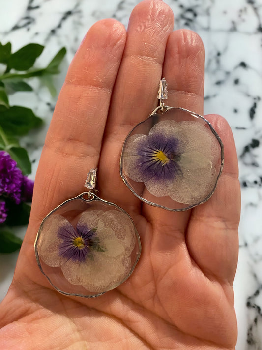 White and Purple Pansy Earrings