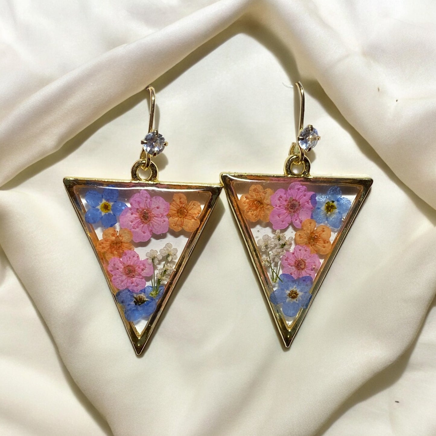 Orange and Light Pink Plum Blossom Flowers with Queen Anne’s Lace and Blue Forget-Me-Not’s Earrings