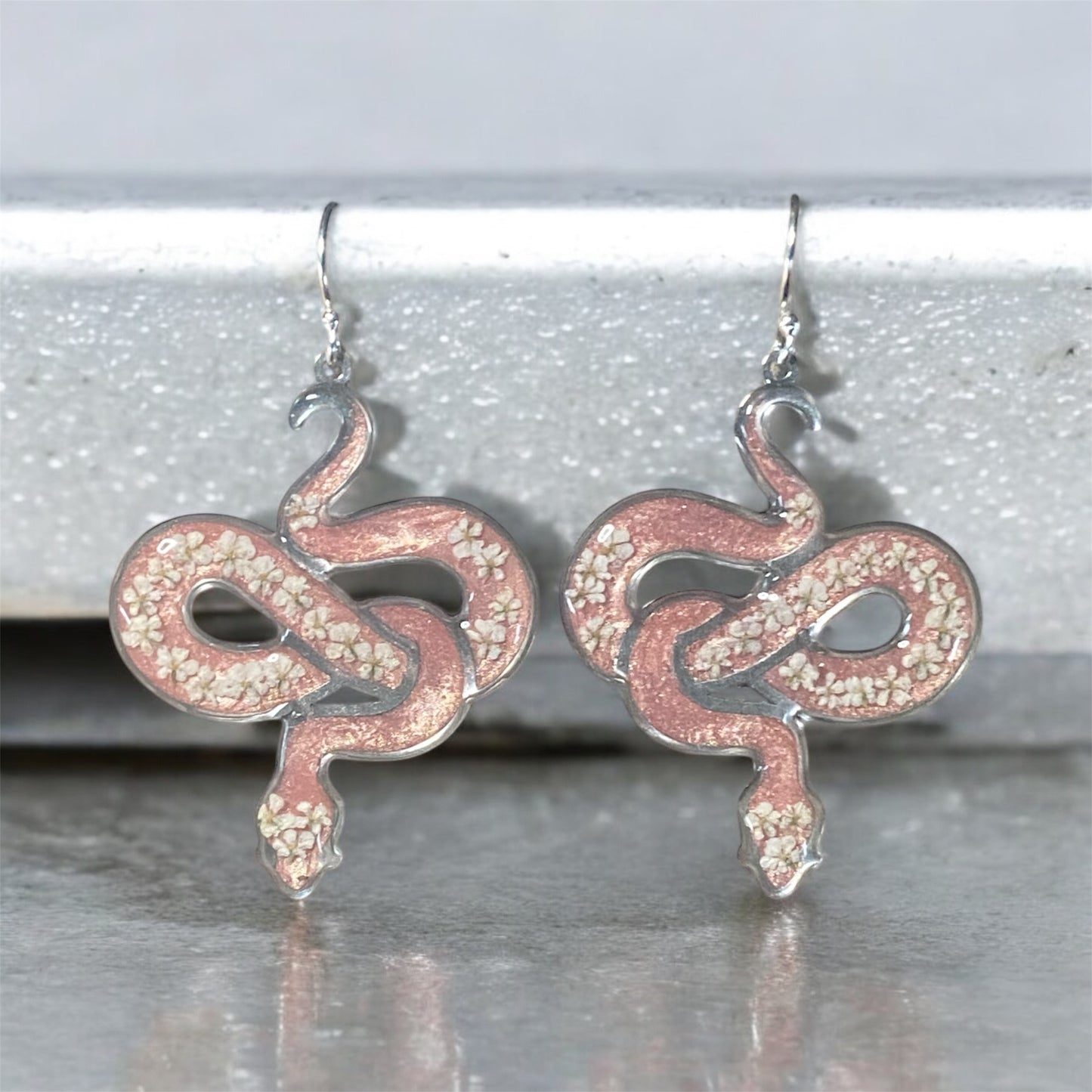 Snake Bezels with Dry Pressed pieces of Queen Anne’s Lace with Coral/Pink Mica Powder