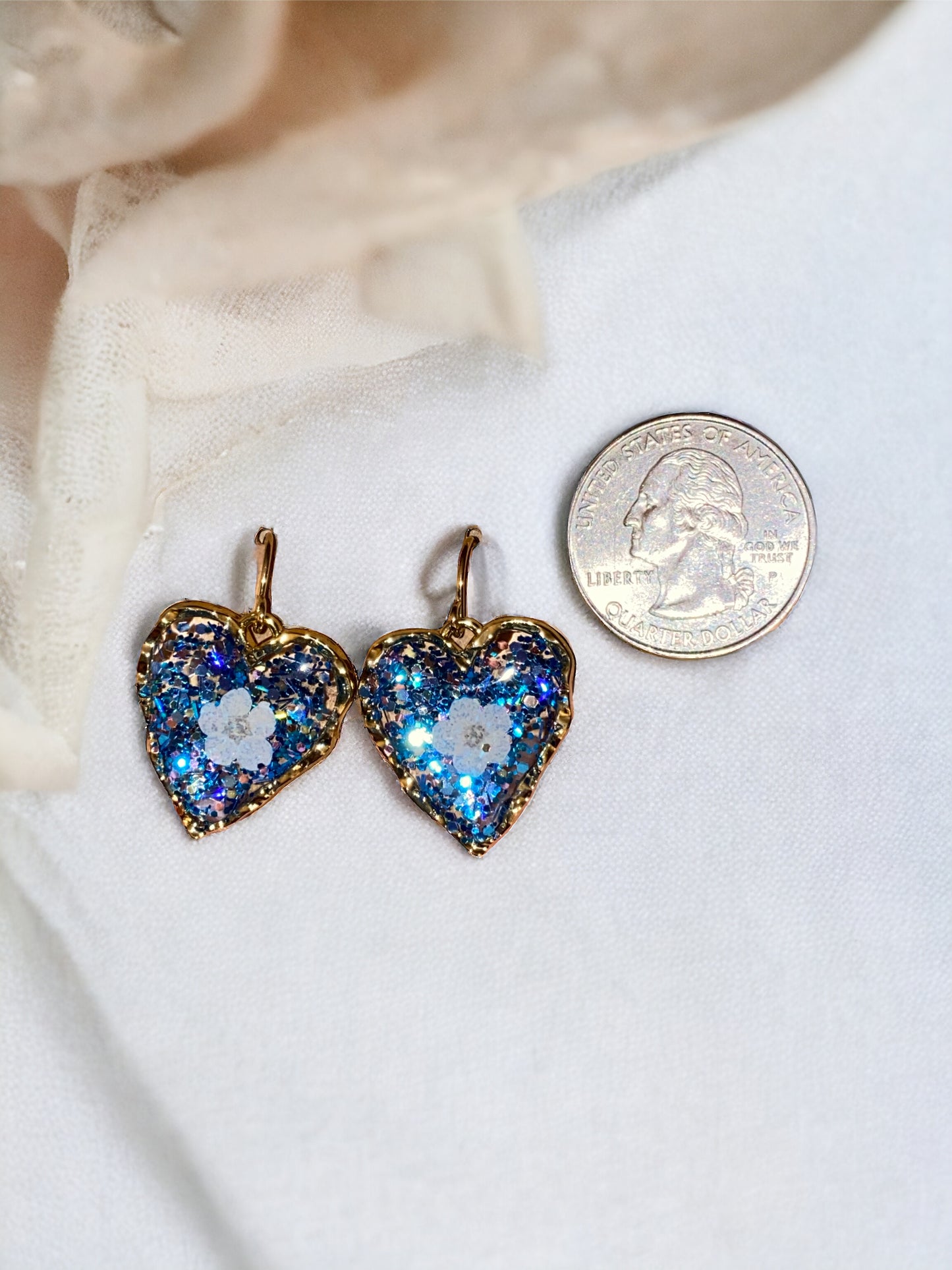 Heart Shaped Blue Chunky Glitter Earrings with White Plum Blossom