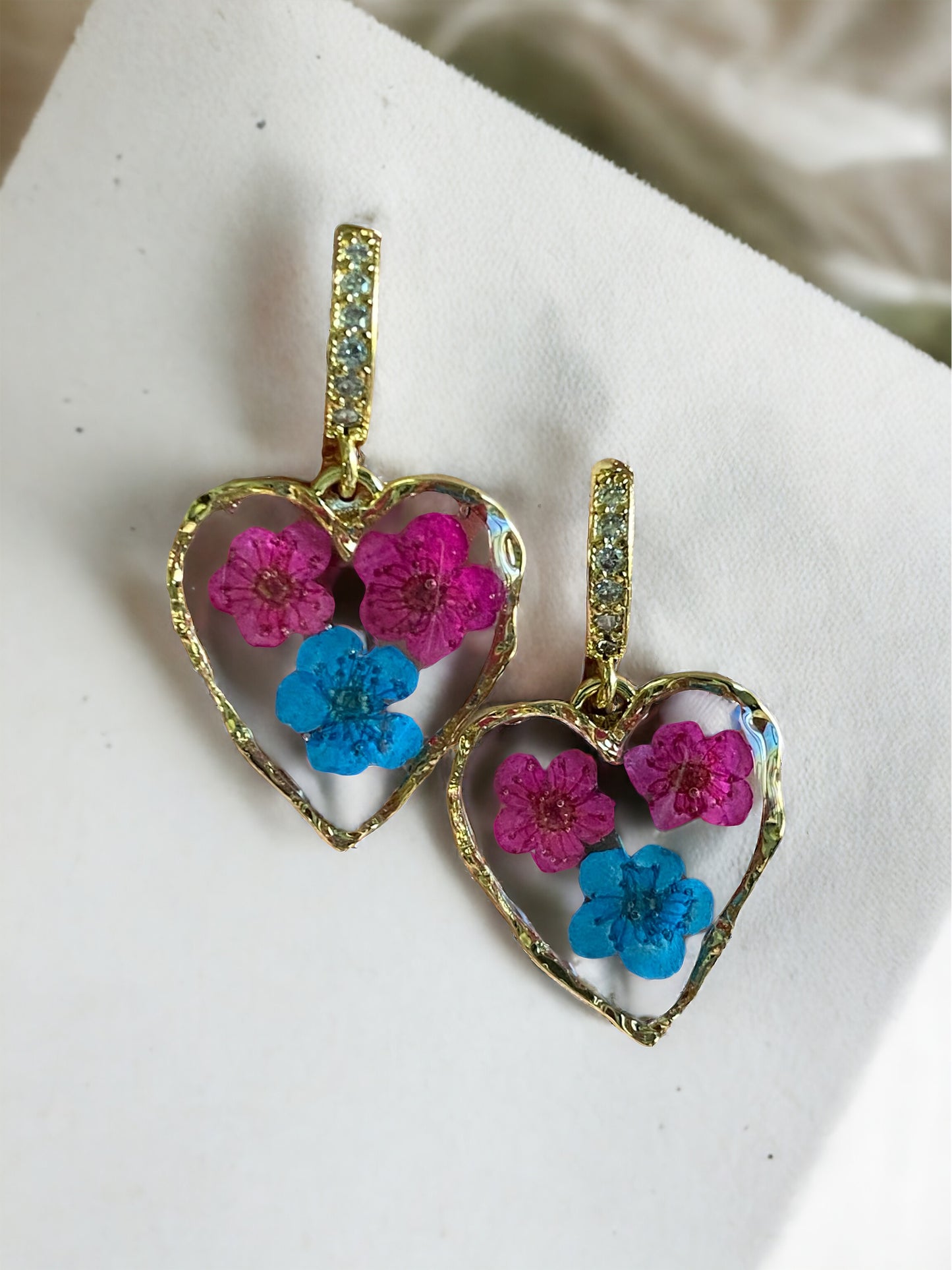 Hot Pink and Blue Plum Blossom Flower Earrings