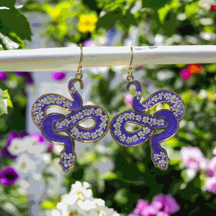 Blue 24 kt Gold Plated Snake Bezel Earrings