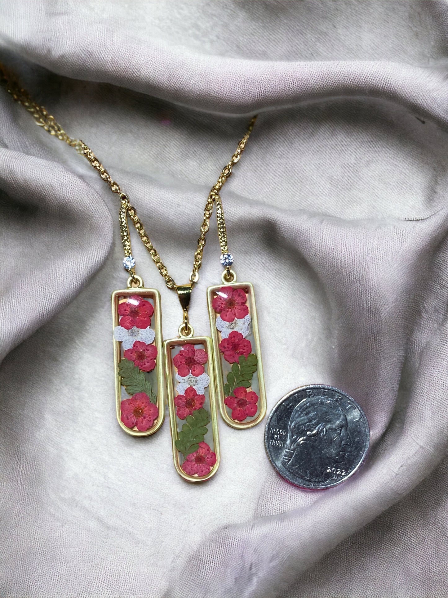 Red and White Plum Blossom Flower with Dried Fern matching Earrings and Necklace
