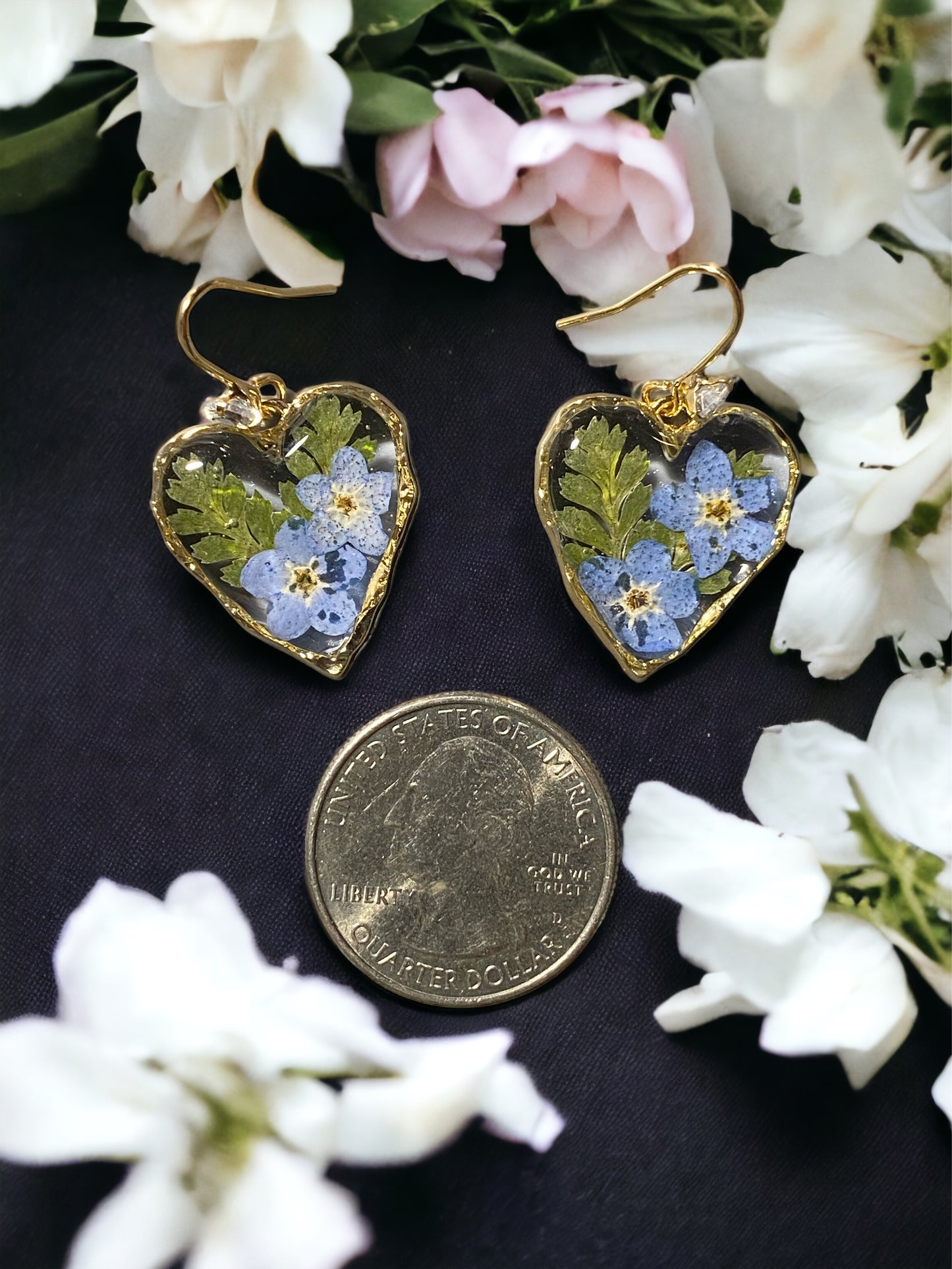 Blue Forget-Me-Not’s and Dry Pressed Fern Earrings