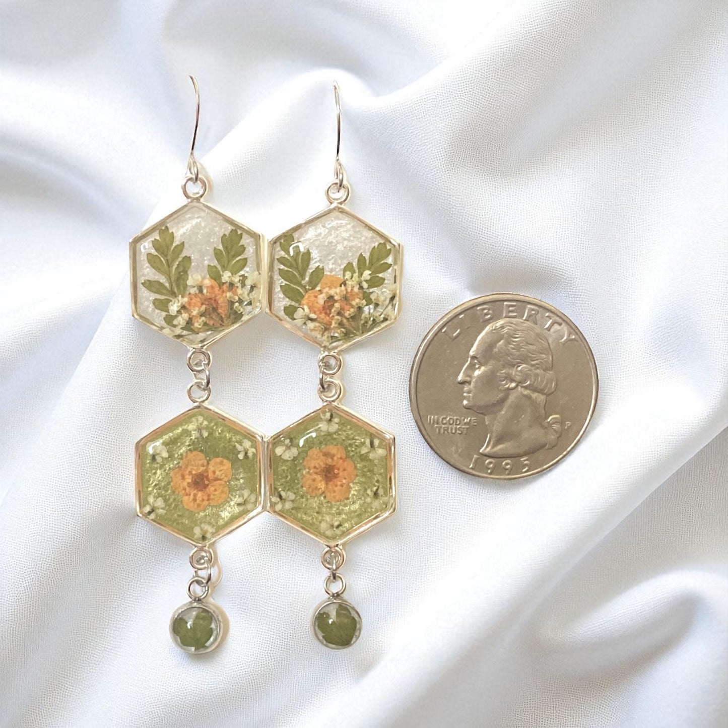 Green and Opal Colored Mica Powder (Double) Dangle Earrings with Orange Plum Blossoms, Queen Anne’s Lace and Fern