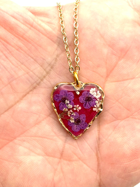 Pink Colored Mica Powder with Purple Plum Blossoms and Pieces of Queen Anne’s Lace