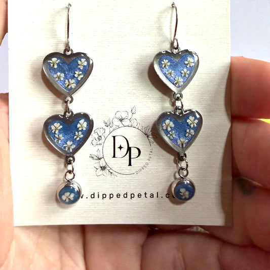 Heart Shaped Dangle Earrings and Pieces of Queen Anne’s Lace with Blue Mica Powder
