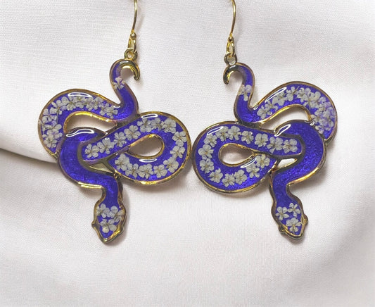 Blue 24 kt Gold Plated Snake Bezel Earrings