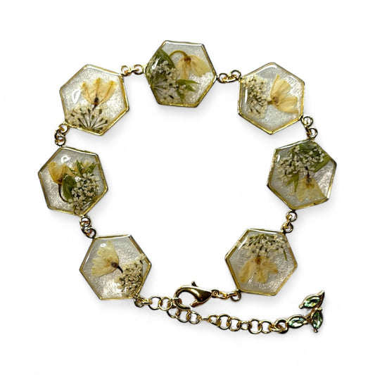 Gold Colored Bracelet with Lily of the Valley flowers and wild flower
