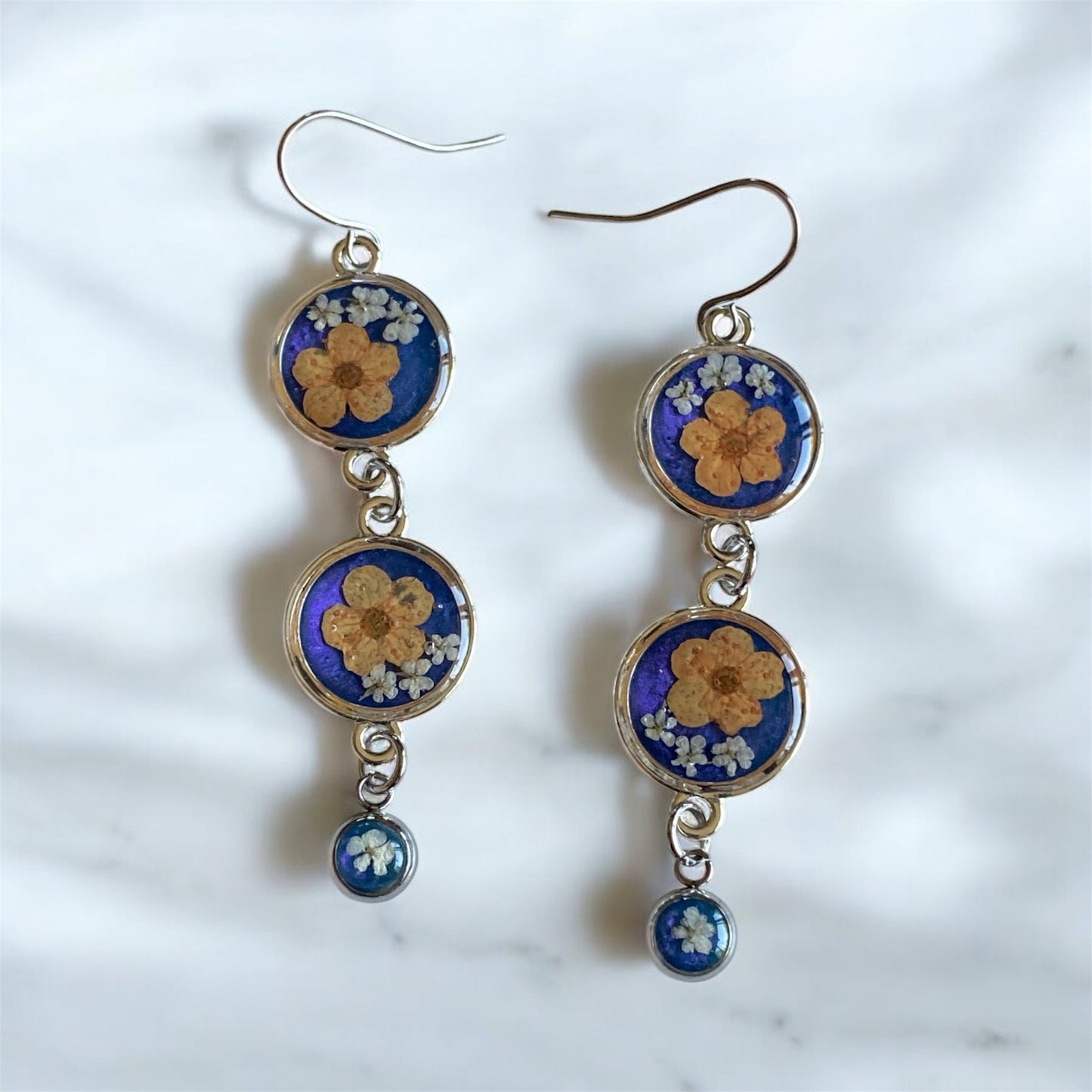 Orange Plum Blossoms with Blue Mica Powder and Pieces of Queen Anne’s Lace Dangle Earrings