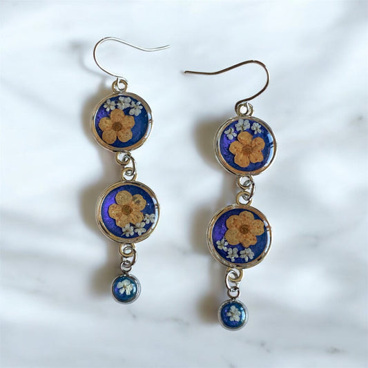 Orange Plum Blossoms with Blue Mica Powder and Pieces of Queen Anne’s Lace Dangle Earrings