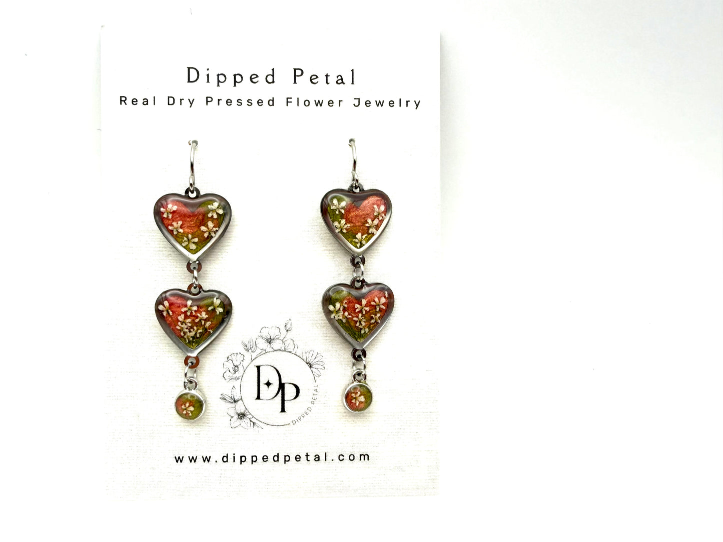 Heart Shaped Stainless Steel Dangle Earrings - Coral Pink/Green