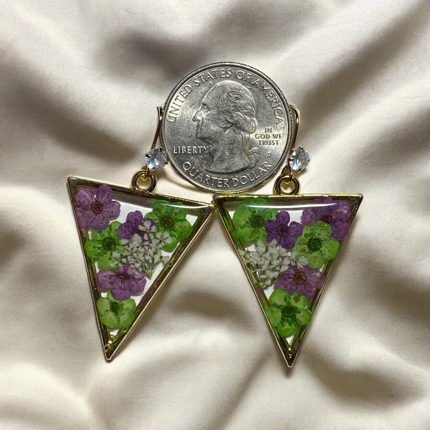 Green and Purple Plum Blossom Flowers with Queen Anne’s Lace Earrings