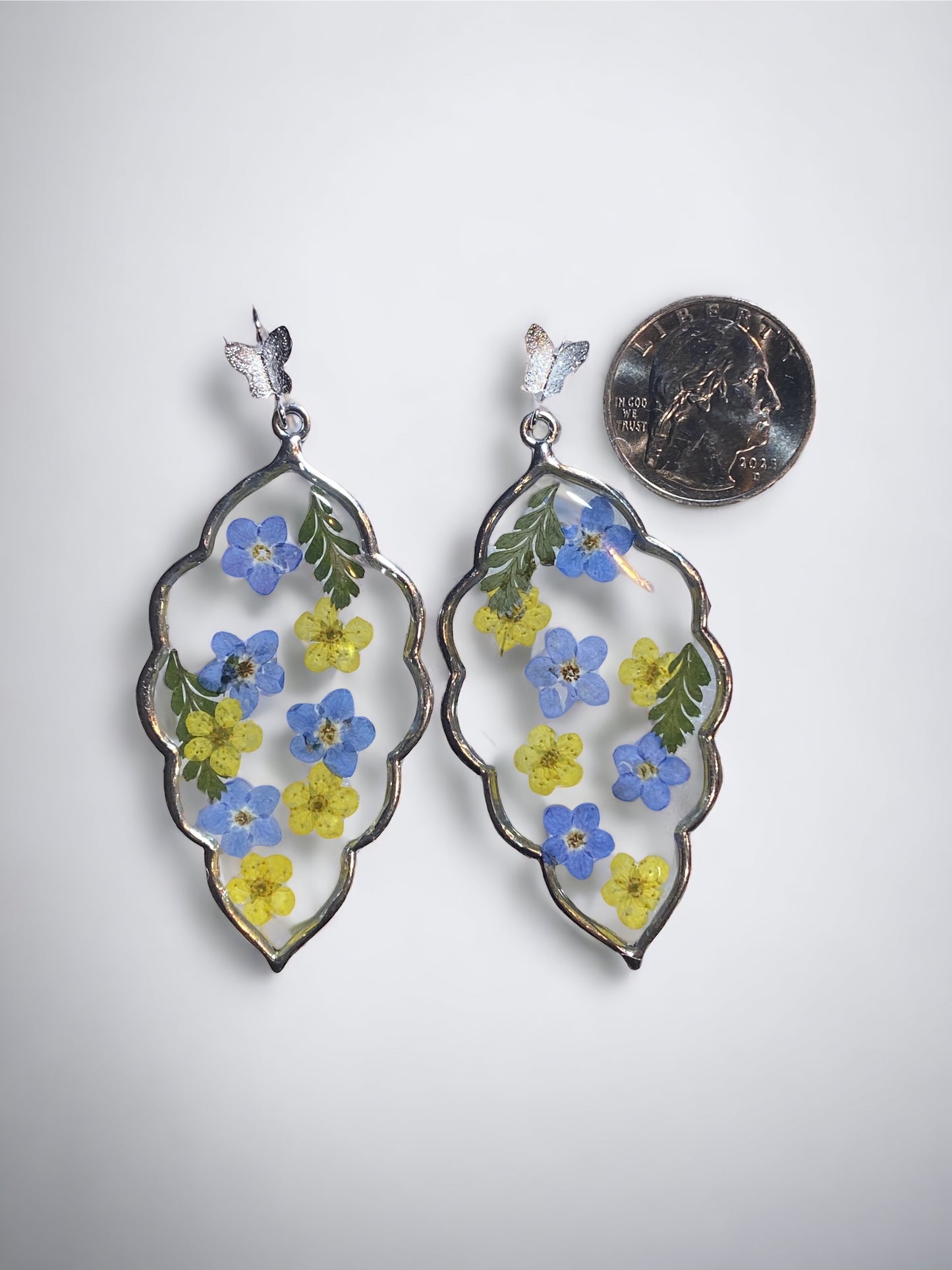 Yellow Plum Blossoms with Blue Forget-Me-Not Flowers and Dry pressed Fern Earrings