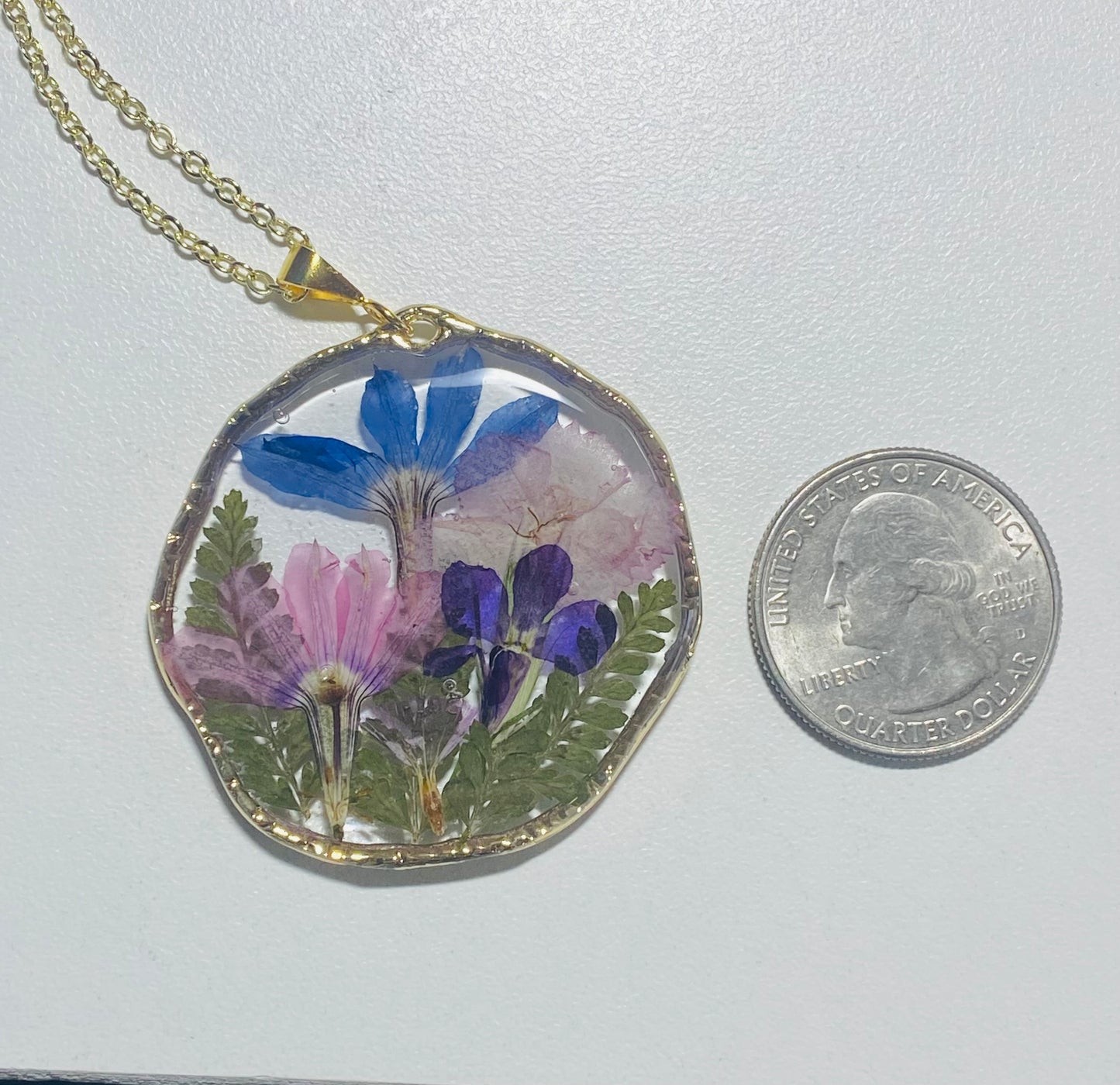 Dry Pressed Fern, Carnation, Blue Fairy Fan, and Pink Fairy Fan