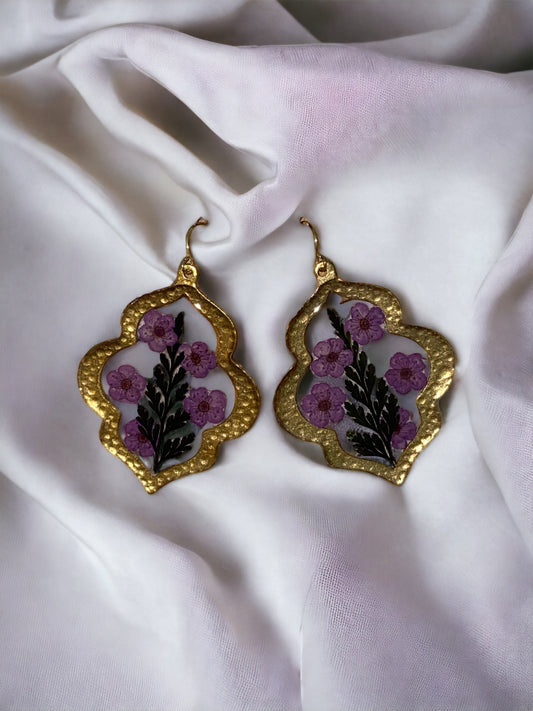 Black Dyed Fern with Purple Plum Blossoms Flowers set in a Brass Bezel