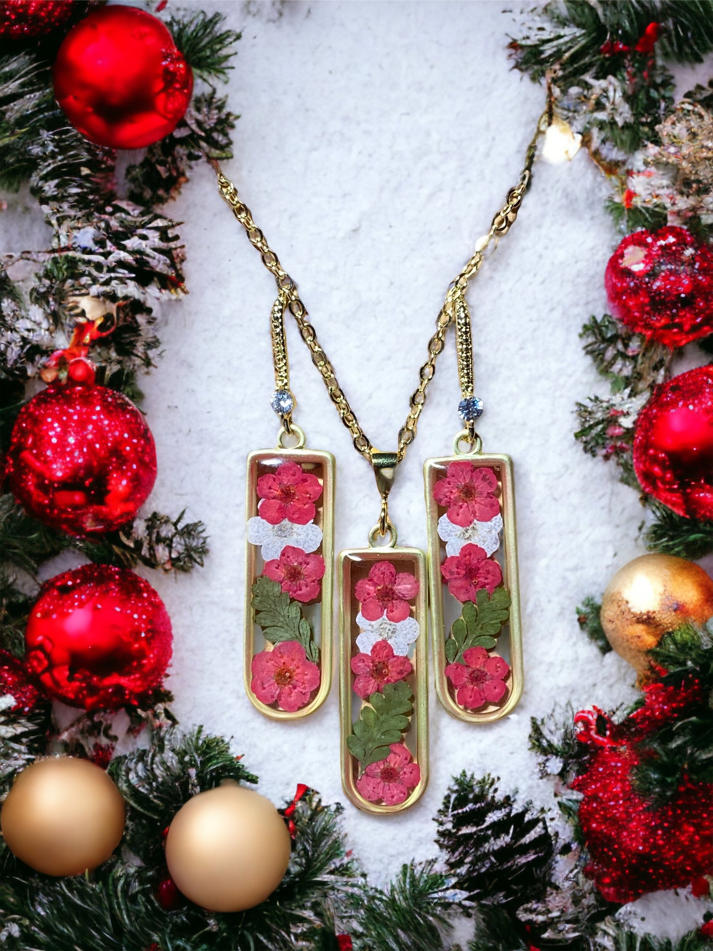 Red and White Plum Blossom Flower with Dried Fern matching Earrings and Necklace