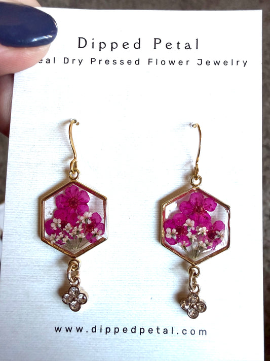 Hot Pink Colored Plum Blossoms with Queen Anne’s Lace and a Rhinestone Charm