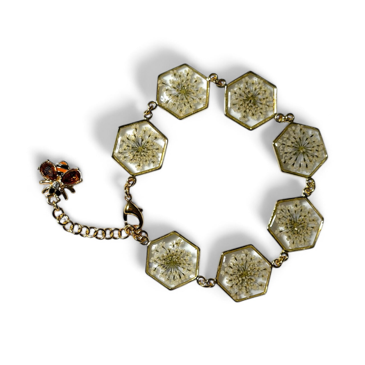 Gold Colored Bracelet with Queen Anne’s Lace and a Queen Bee Charm