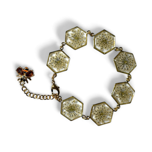 Gold Colored Bracelet with Queen Anne’s Lace and a Queen Bee Charm