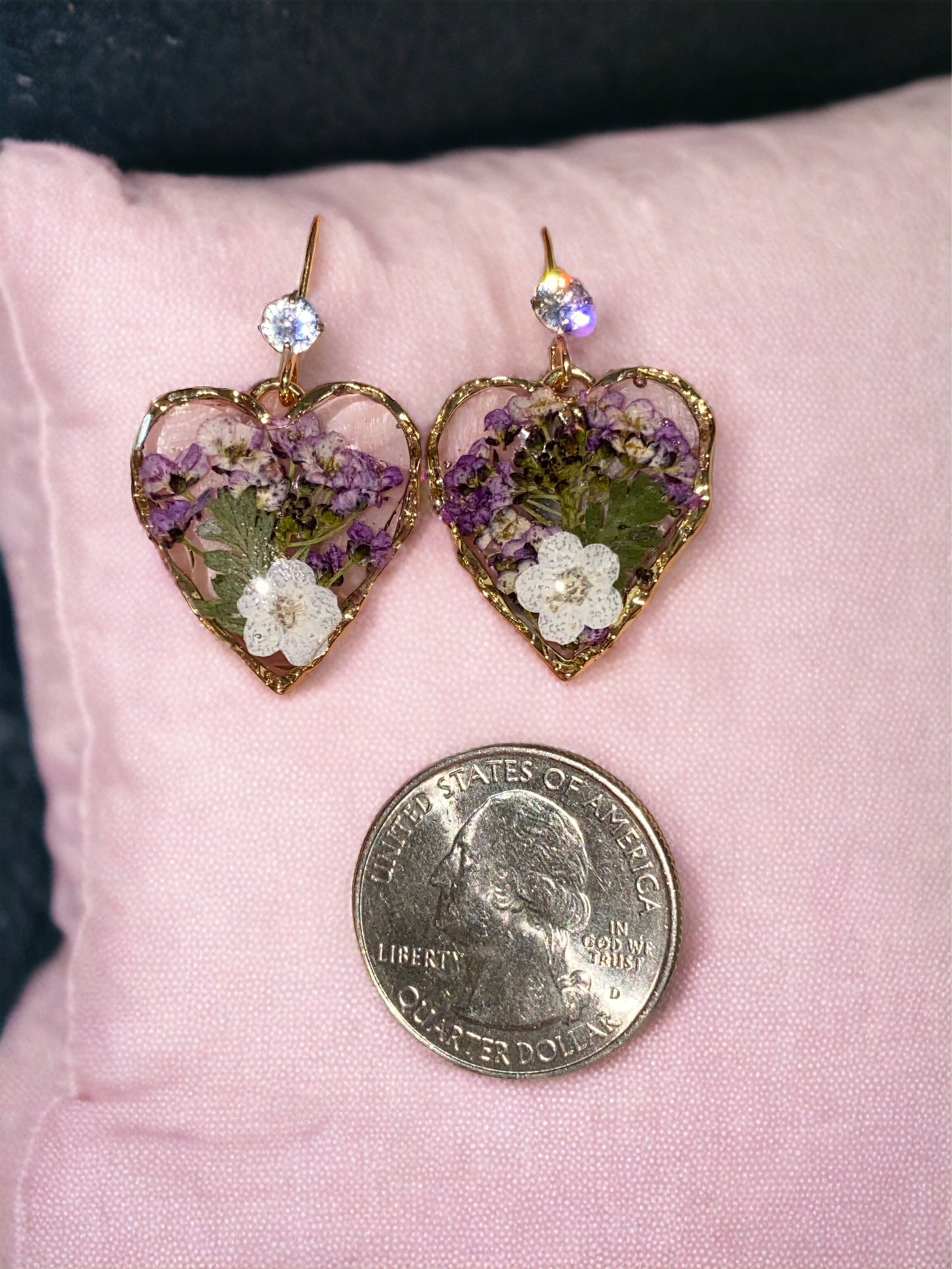 Purple Flowers White Plum Blossom Flowers with Dry Pressed Fern Earrings