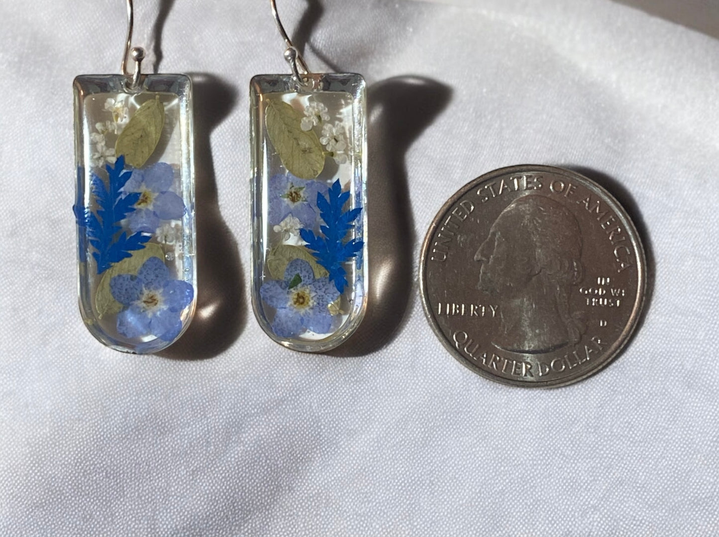Blue dyed Fern with Blue Forget-Me-Nots with pieces of Queen Anne’s Lace and Dry Pressed Leaves