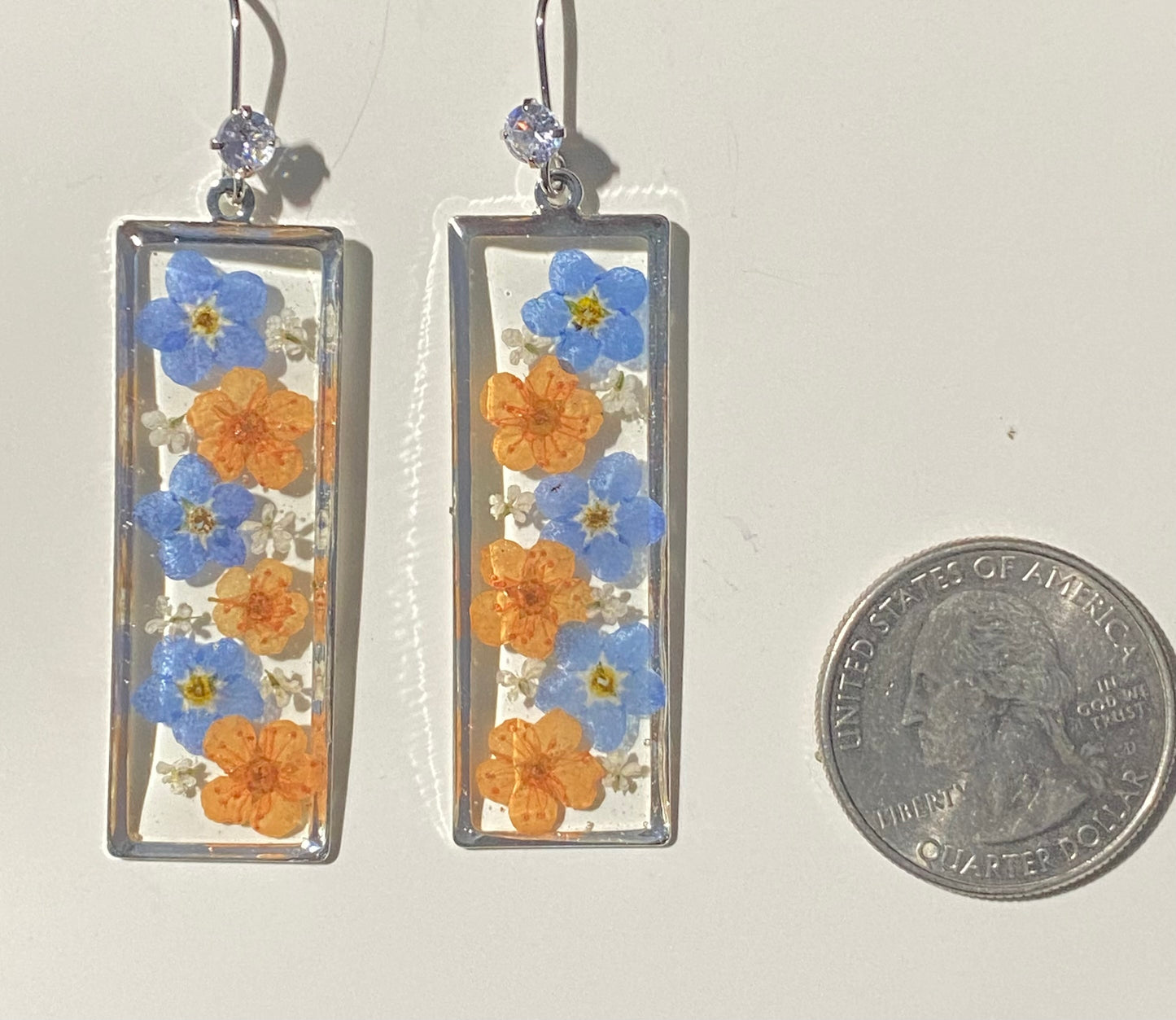 Blue Forget-Me Nots, Orange Plum Blossom Flowers with pieces of Queen Anne’s Lace
