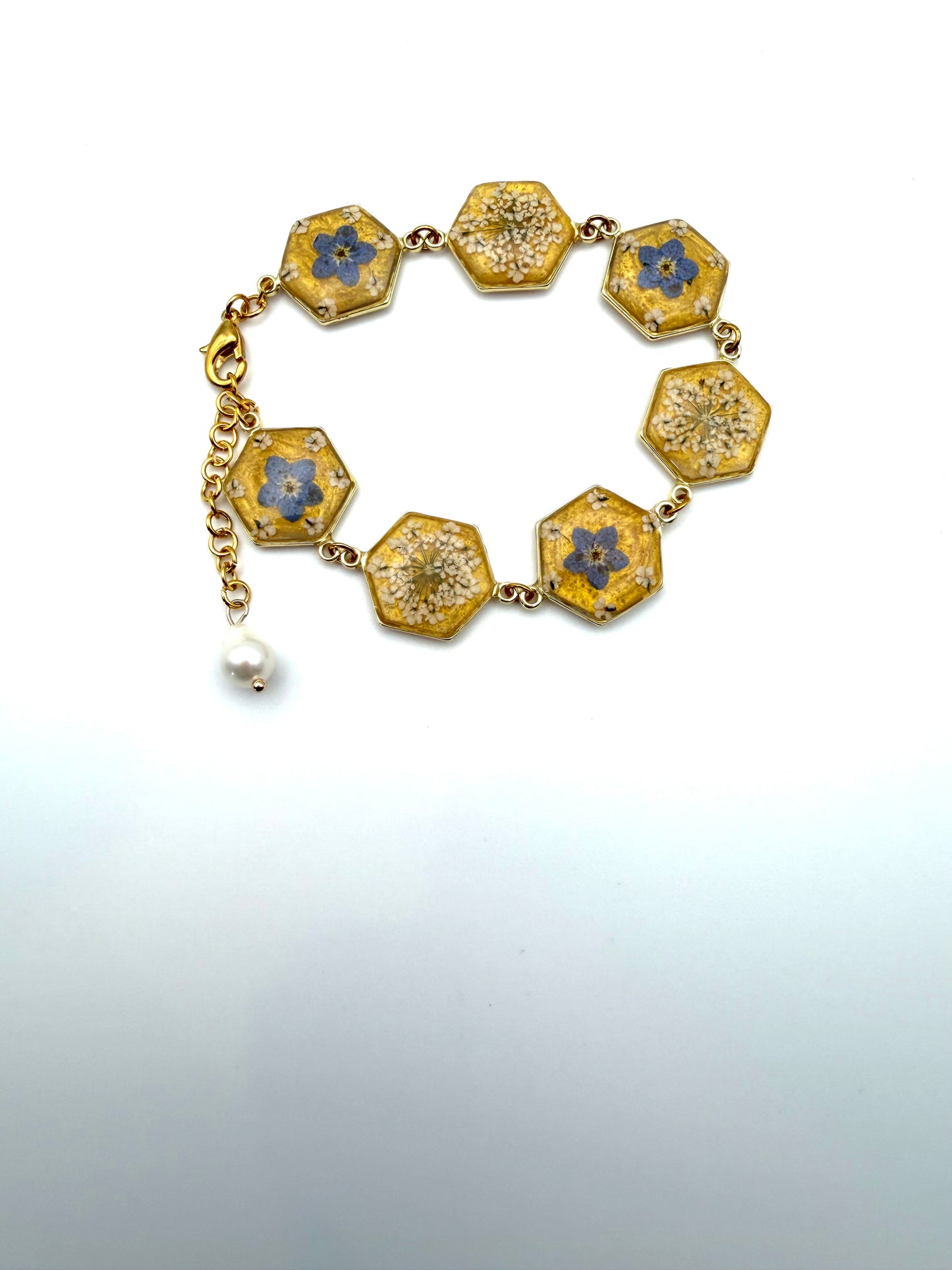 Gold Colored Bracelet with Gold Colored  Mica Powder, Forget-Me-Nots, and Queen Anne’s Lace