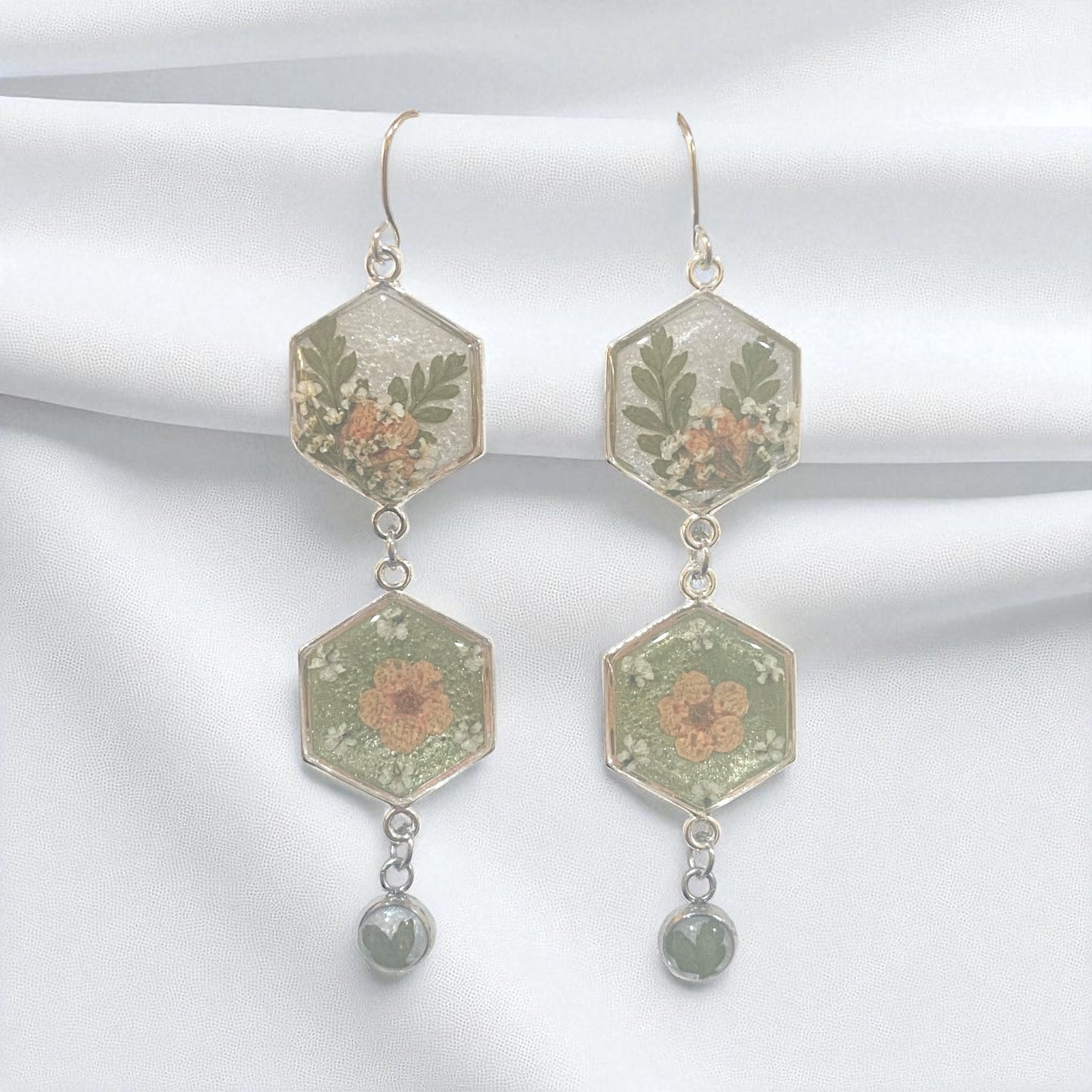 Green and Opal Colored Mica Powder (Double) Dangle Earrings with Orange Plum Blossoms, Queen Anne’s Lace and Fern
