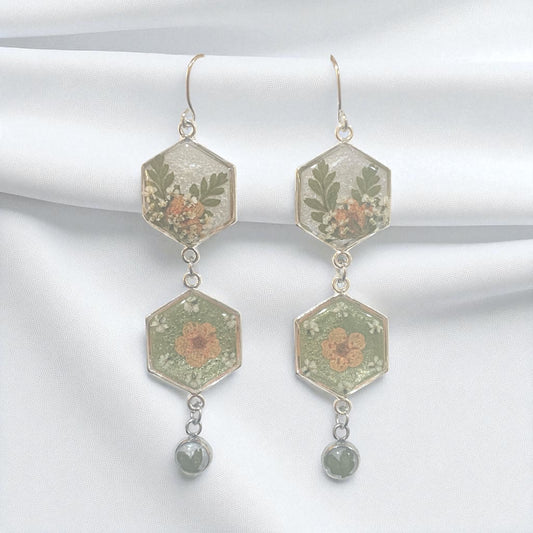 Green and Opal Colored Mica Powder (Double) Dangle Earrings with Orange Plum Blossoms, Queen Anne’s Lace and Fern