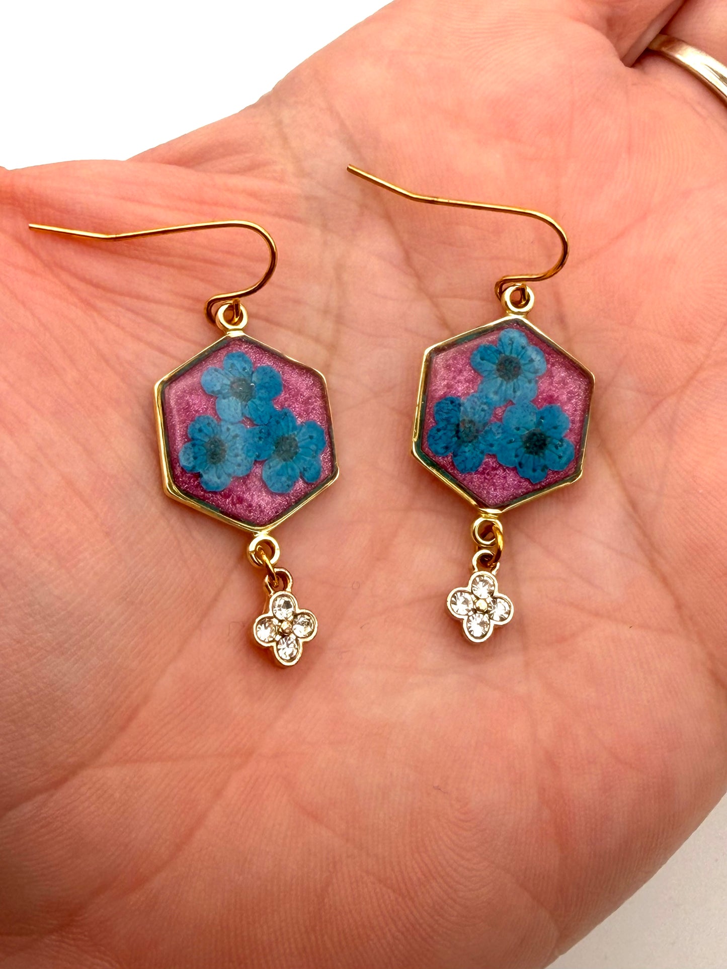 Pink Mica Powder with Teal Blue Plum Blossoms and a Dangling Rhinestone Charm
