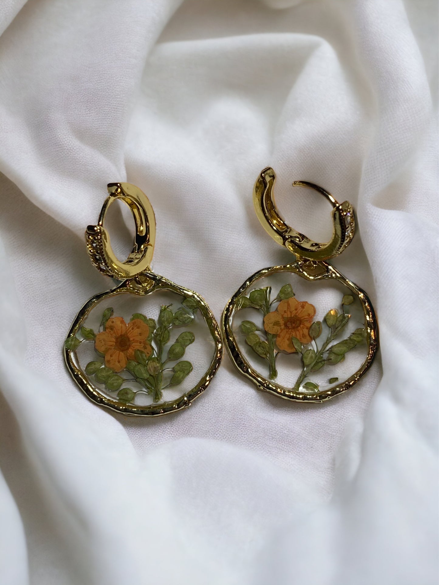 Orange Plum Blossom Flower with Persian Garden Cress Earrings
