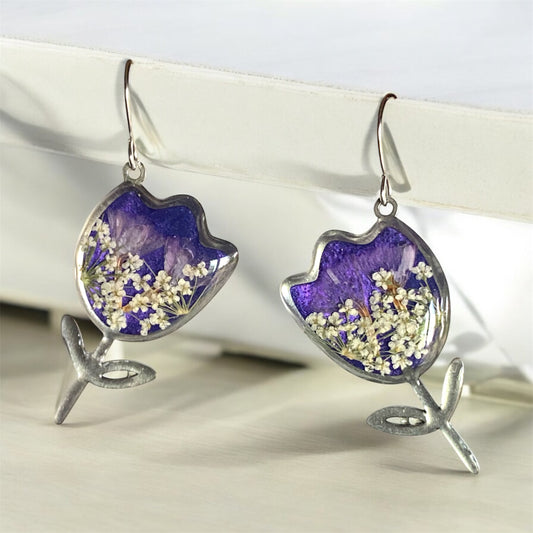 Purple Colored Flower Earrings with Purple Wild Flowers and Pieces of Queen Anne’s Lace