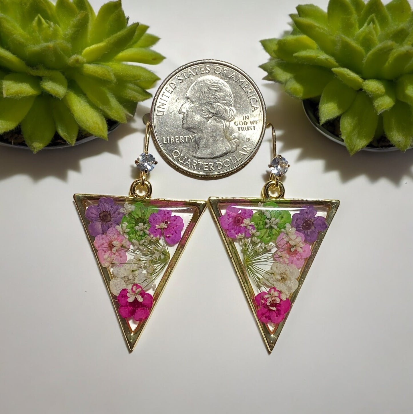 Bright Pink, Green, Purple, Light Pink, White and Hot Pink Plum Blossom Flowers with Queen Anne’s Lace Earrings