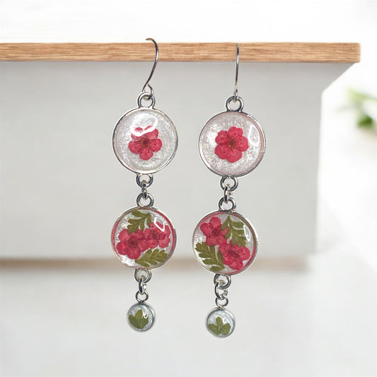 White/Opal Colored Mica Powder Dangle Earrings with Red Plum Blossoms and Fern