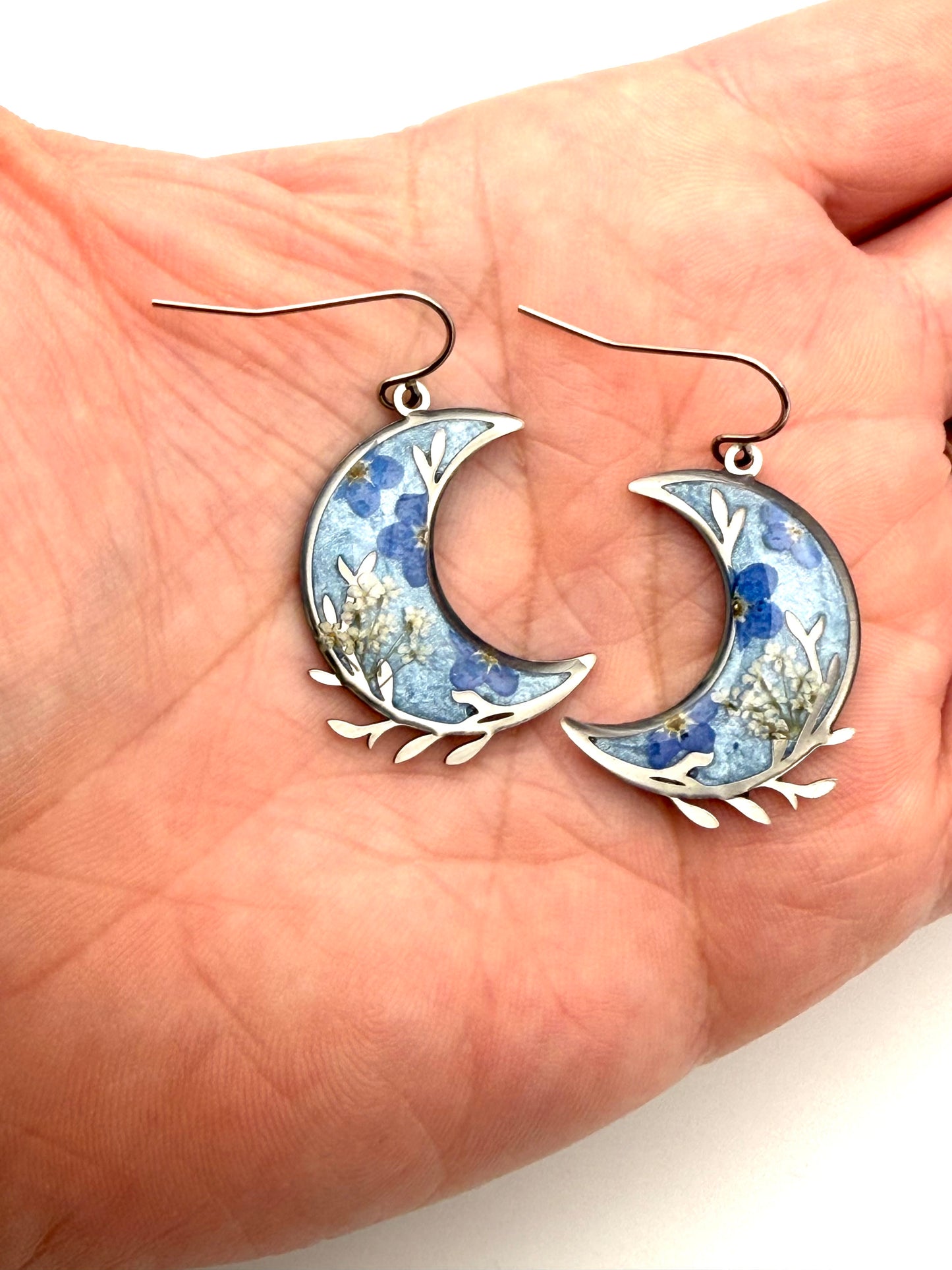 Ice Blue Crescent Moons with Forget-Me-Nots and Queen Anne’s Lace